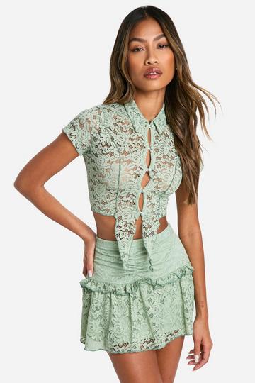 Sage Green Tie Cropped Shirt & Ruffle Micro Mini