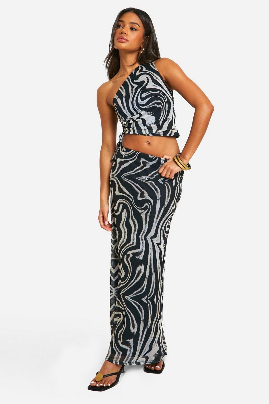 Black Zebra Print One Shoulder Crop & Maxi Skirt  image number 1