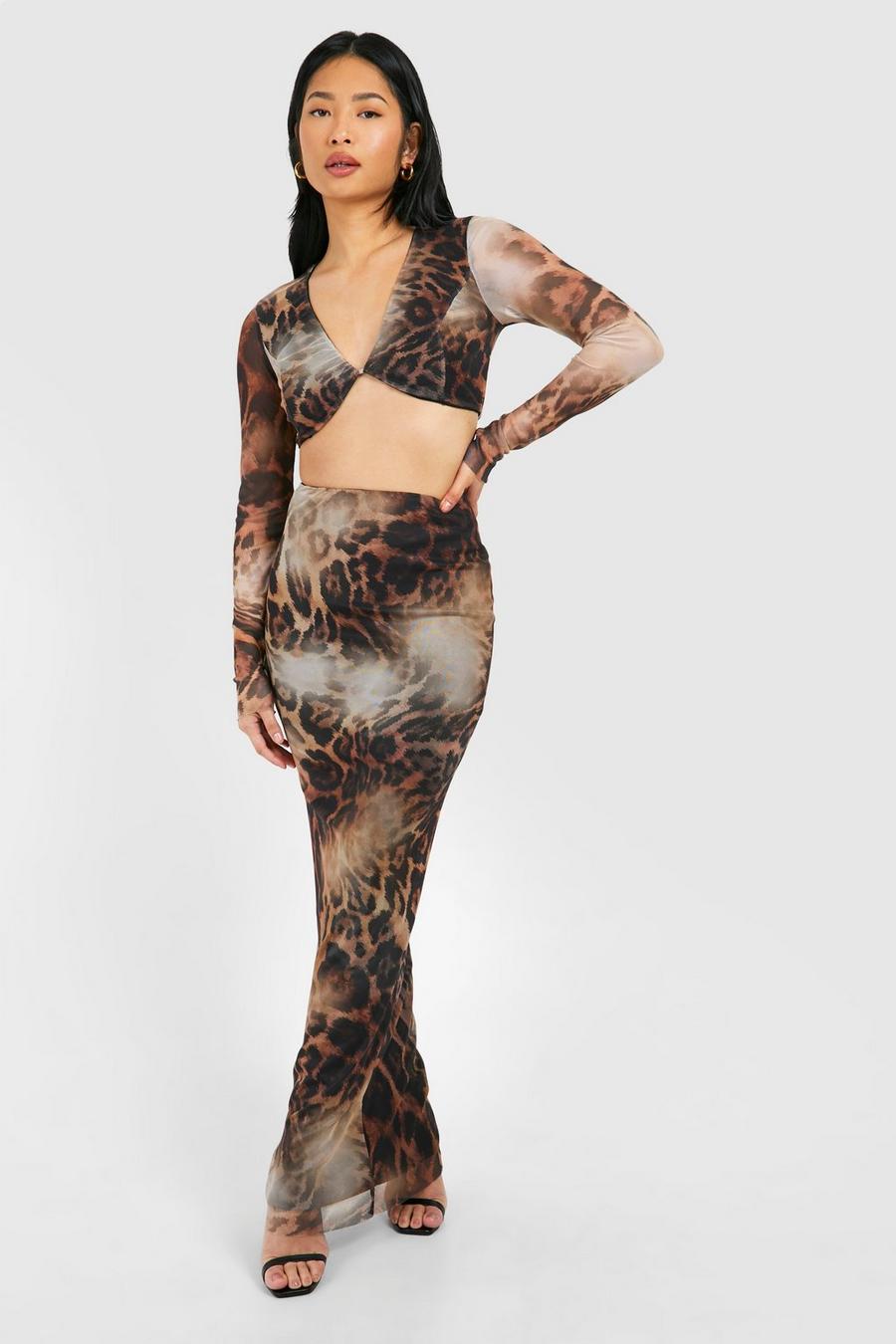 Falda maxi y bralette de malla con estampado de leopardo, Leopard image number 1