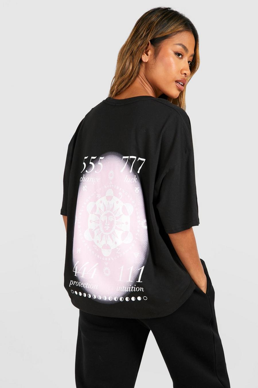 Oversize Baumwoll T-Shirt mit Lucky Numbers Print, Black image number 1