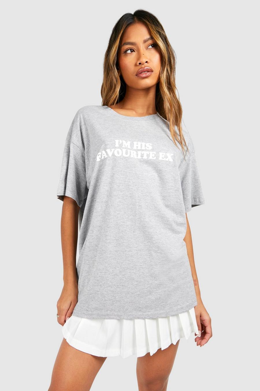 Oversize Baumwoll T-Shirt mit I‘m His Favourite Print, Grey