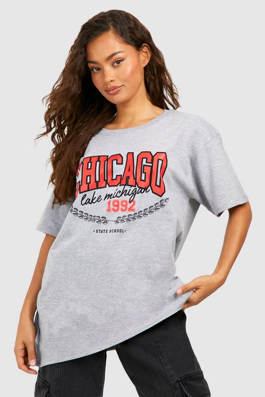 Grey Oversized Katoenen Chicago T-Shirt Met Borstopdruk image number 1