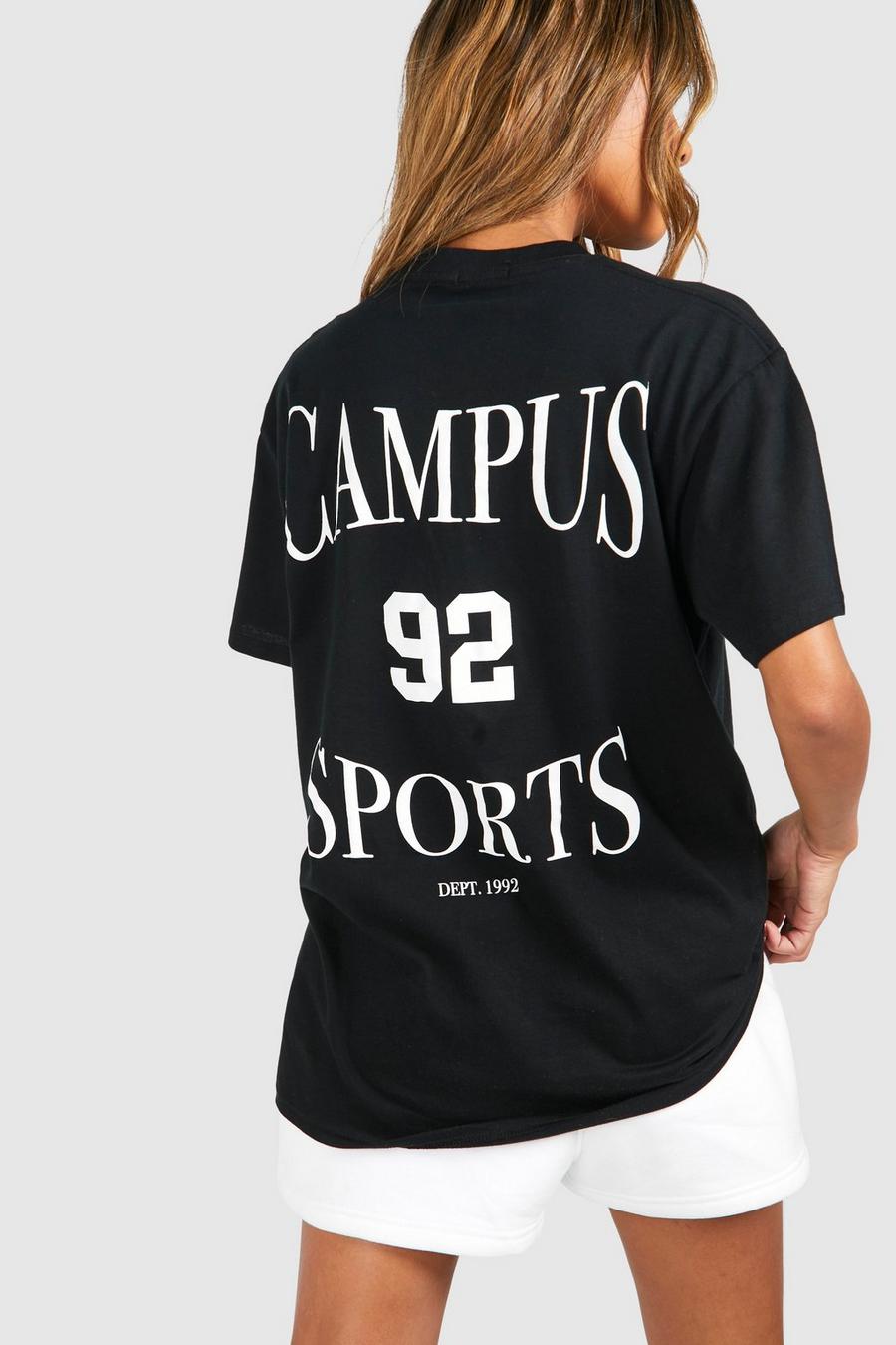 Oversize Baumwoll T-Shirt mit Campus Sports Print hinten, Black