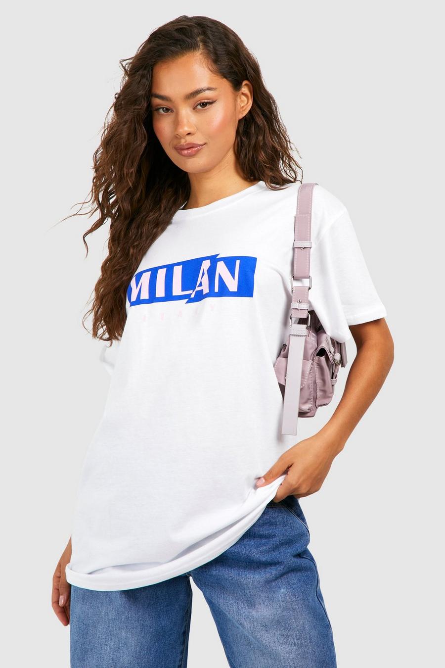 Oversize Baumwoll T-Shirt mit Milan-Print, White