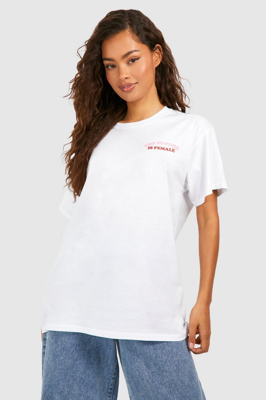 White Oversized Katoenen Future Is Woman T-Shirt Met Borstopdruk
