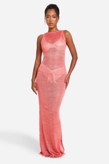 Embellished Hem Sequin Knit Beach Maxi Dress coral