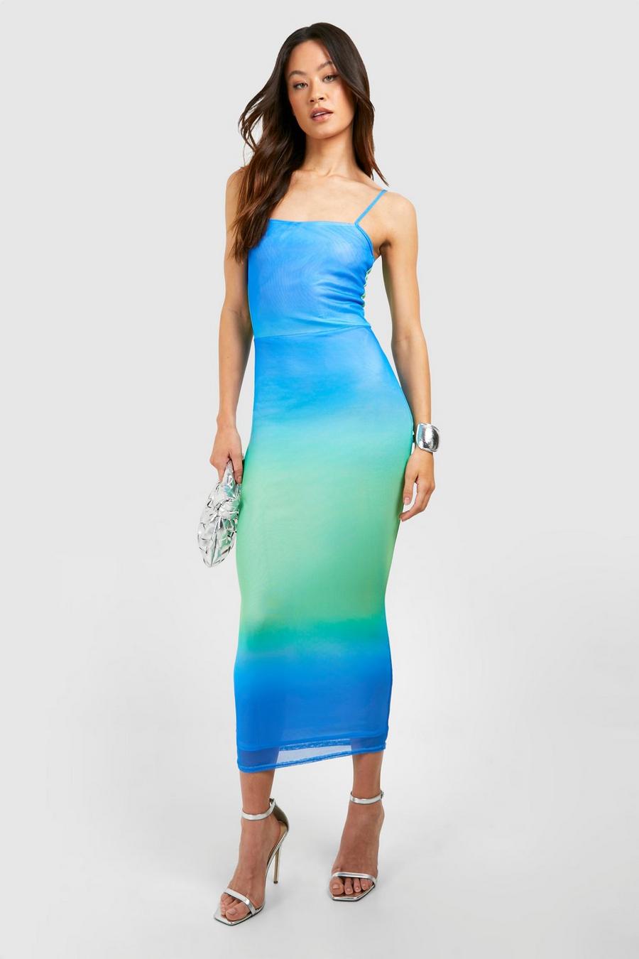 Blue Tall Mesh Ombre Printed Midi Dress