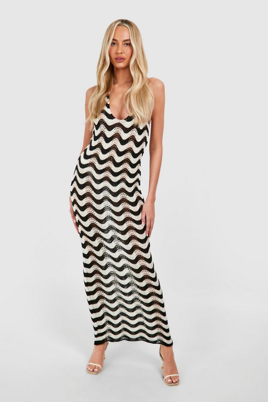 Black Tall Knitted Stripe Halter Maxi Dress image number 1
