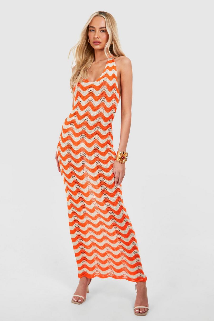 Orange Tall Knitted Stripe Halter Maxi Dress image number 1