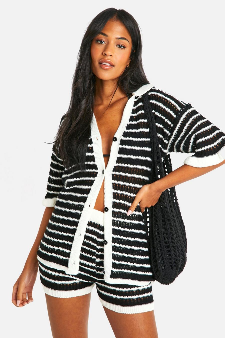 Black Tall Knitted Stripe Crochet Beach Shirt  image number 1