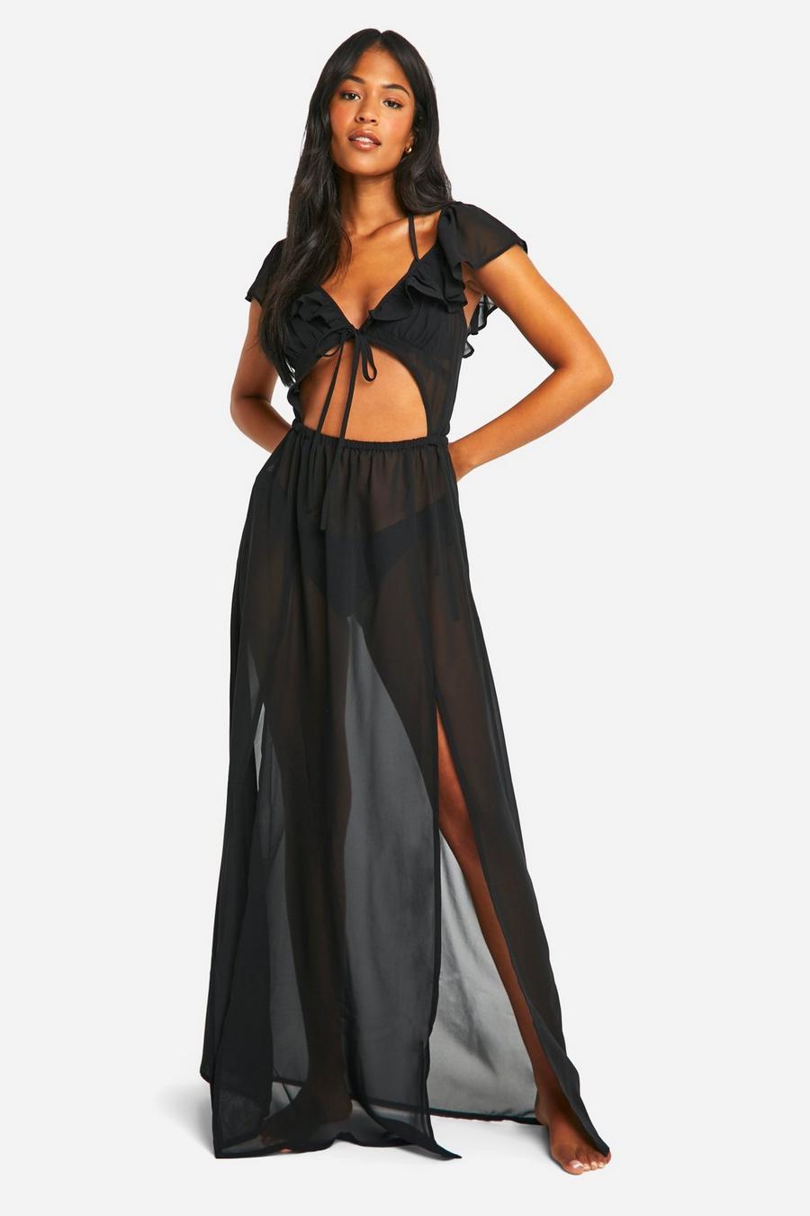 Black Tall Woven Tie Back Beach Frill Maxi Dress 