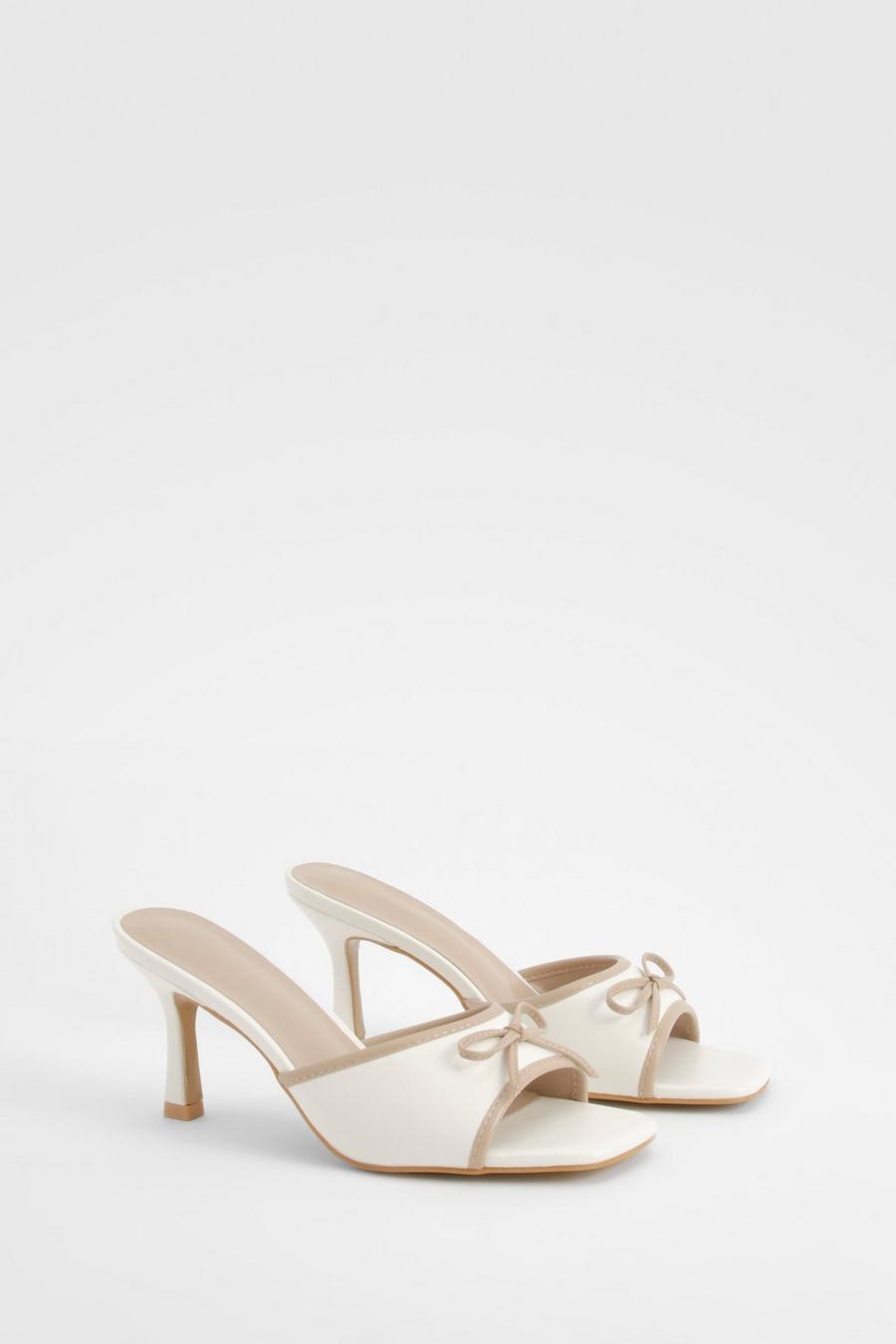 White Contrast Bow Detail Heeled Mules 