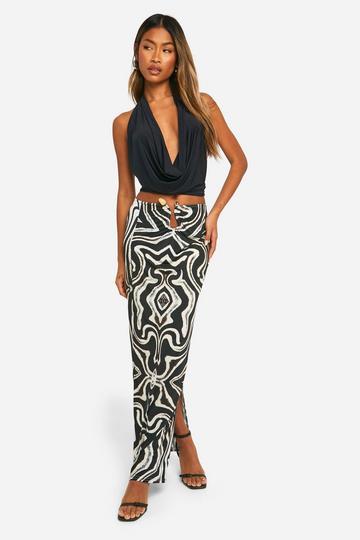 Gem Metal Trim Slinky Printed Maxi Skirt black