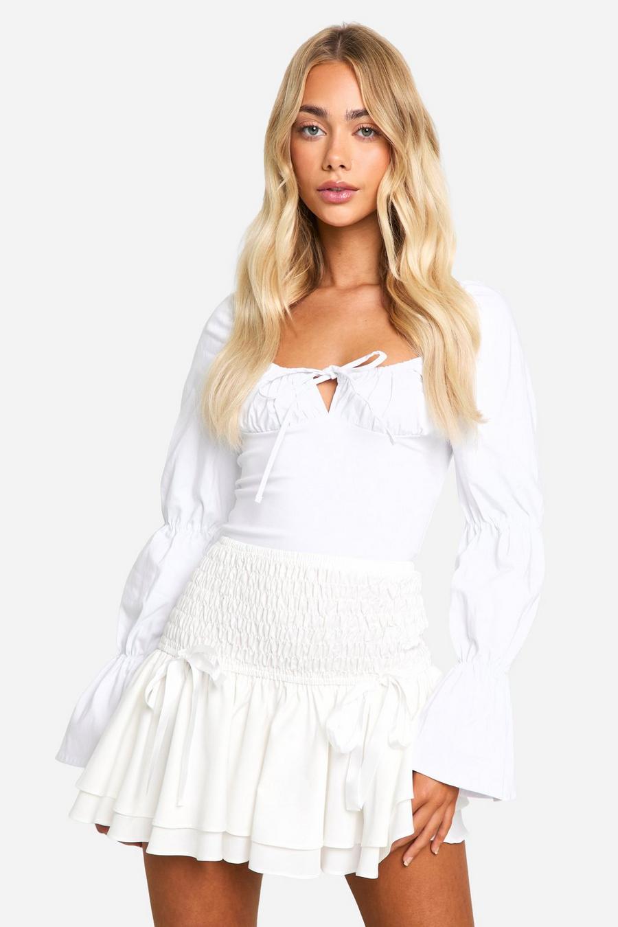 White Shirred Waist Ribbon Bow Mini Skirt  image number 1