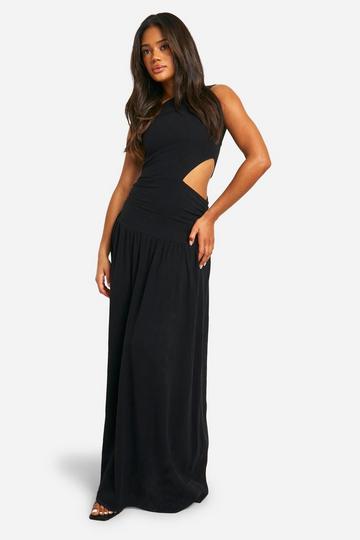 Black Linen Look Cold Shoulder Cut Out Midaxi Dress