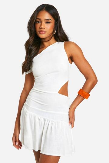 Linen Cold Shoulder Cut Out Mini Dress cream