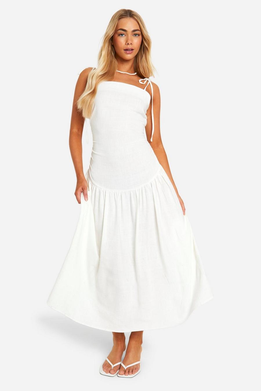 Cream Linen Drop Waist Midaxi Dress  image number 1