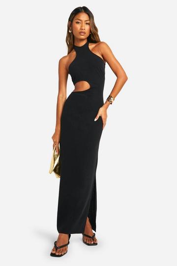 Black Linen Look Cut Out Detail Maxi Dress