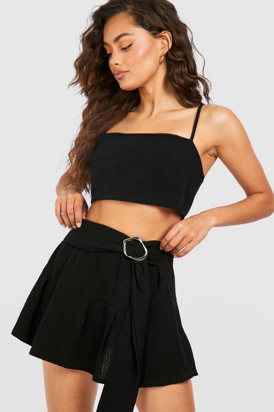 Black Textured Belt Detail Mini Skirt