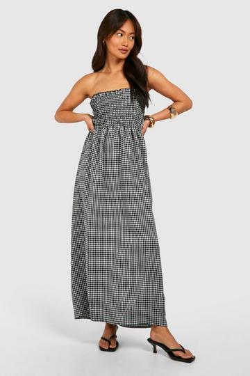 Geplooide Gingham Strapless Midaxi Jurk black