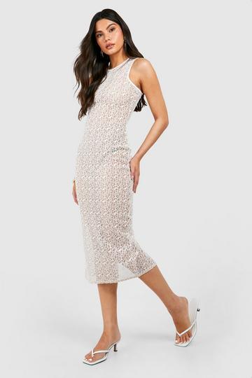 Embroidered Mesh Racer Midi Dress cream