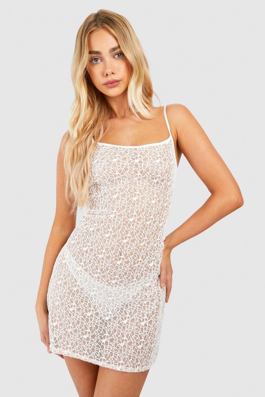 Cream Embroidered Mesh Strappy Mini Dress image number 1