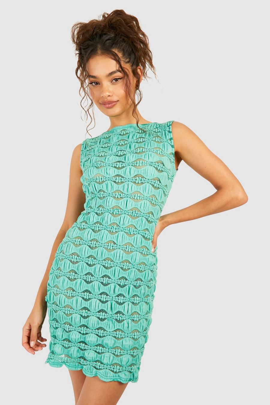 Green Textured Low Back Mini Dress