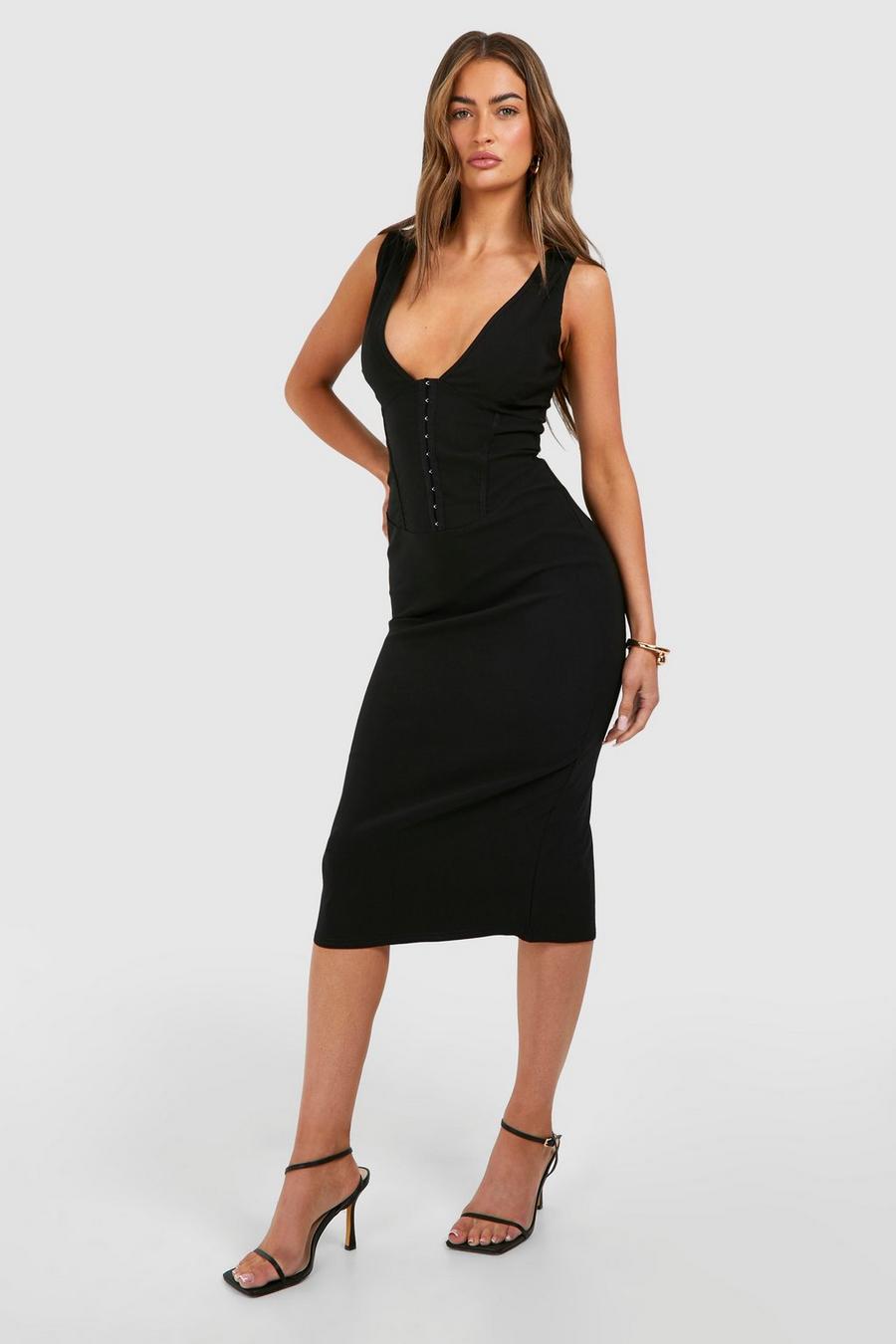 Vestito longuette con scollo profondo e dettagli stile corsetto, Black image number 1