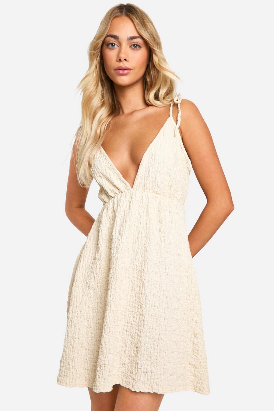 White Textured Cut Out Detail Skater Dress 