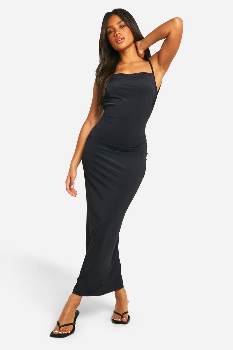 Black Premium Matt Slinky Strappy Rouche Side Maxi Dress  image number 1
