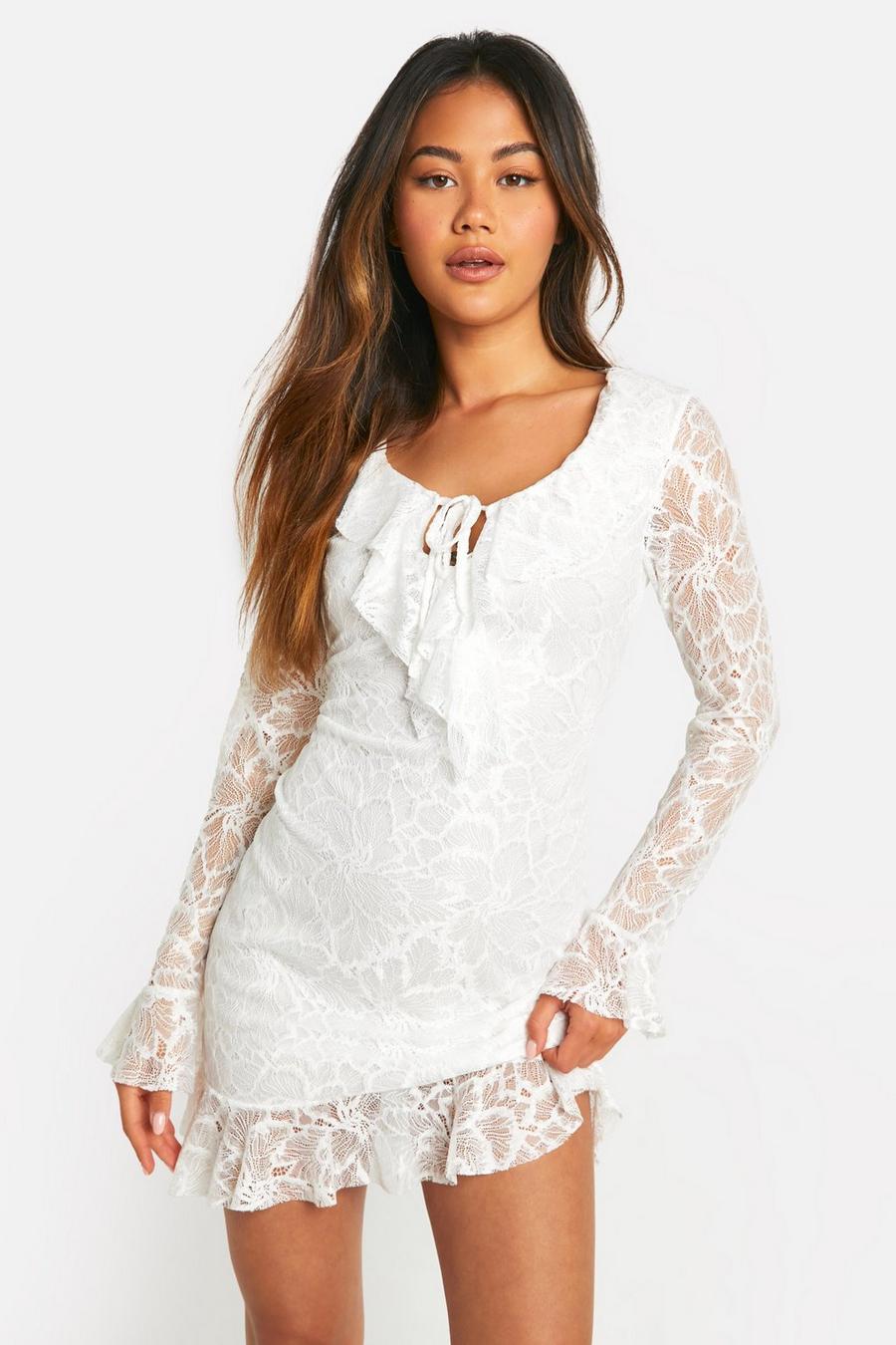 Lace Ruffle Tie Front Shift Dress | boohoo USA Lace Ruffle Tie Front Shift Dress | boohoo USA