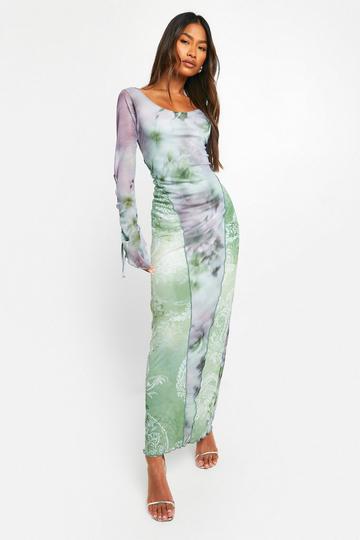 Mixed Floral Mesh Tie Sleeve Maxi Dress green