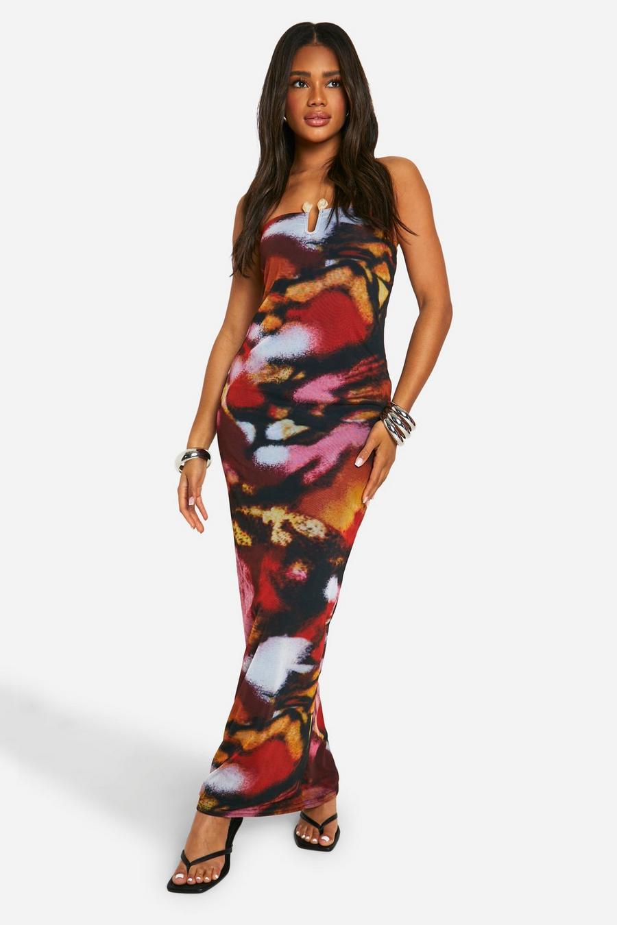 Multi Blur Print Strappy Back Midaxi Dress
