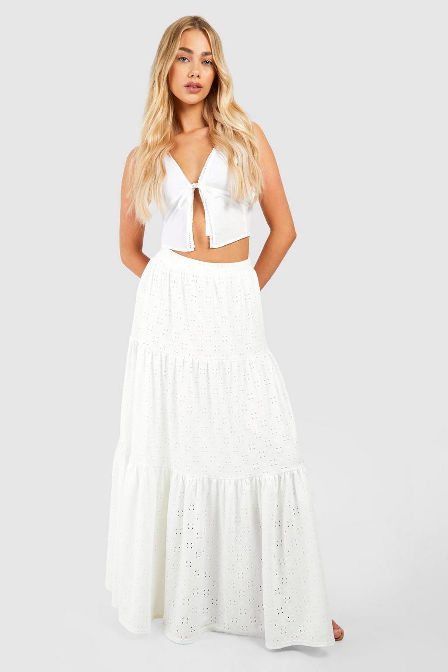 White Broderie Tiered Maxi Skirt   image number 1