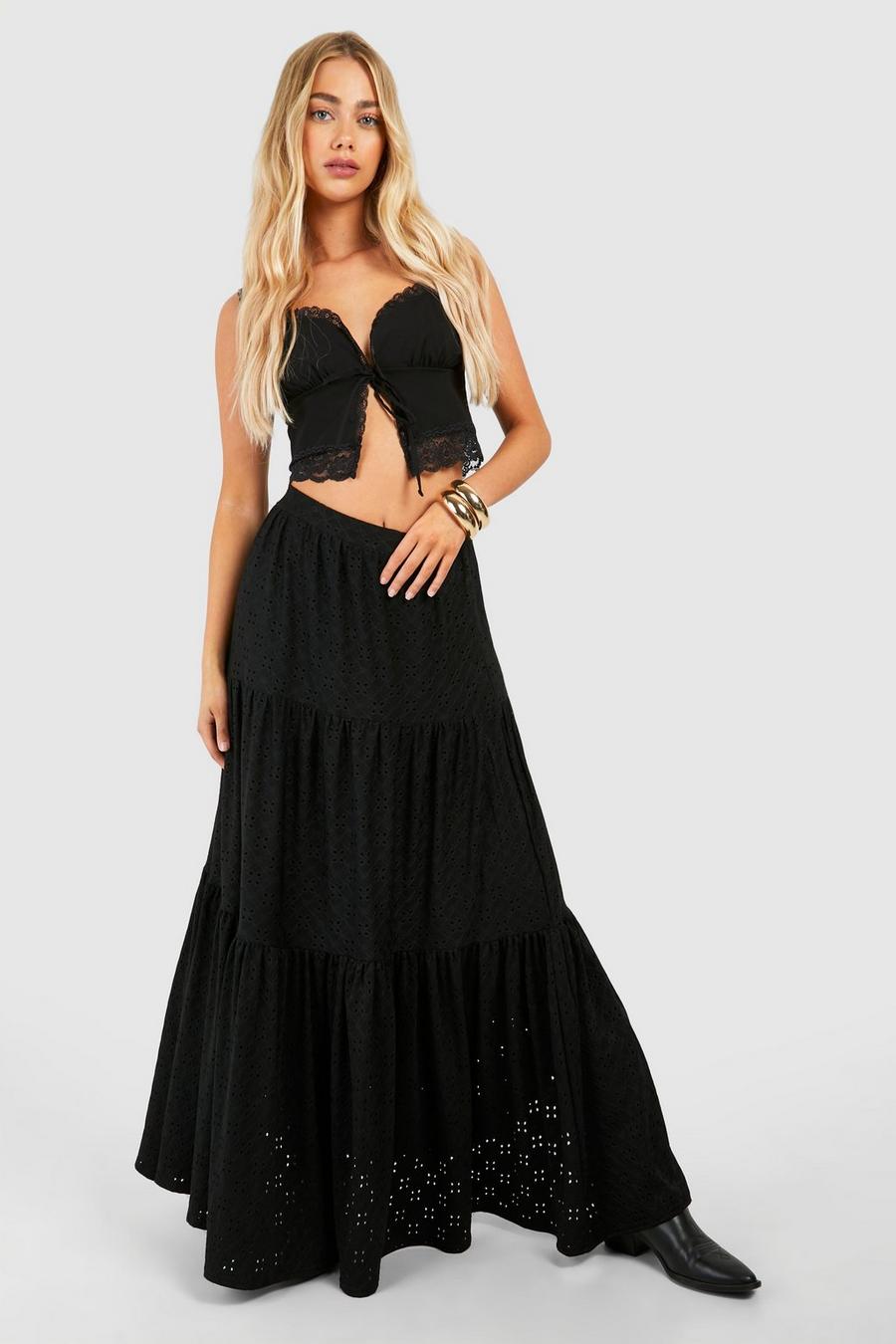 Black Broderie Tiered Maxi Skirt  image number 1