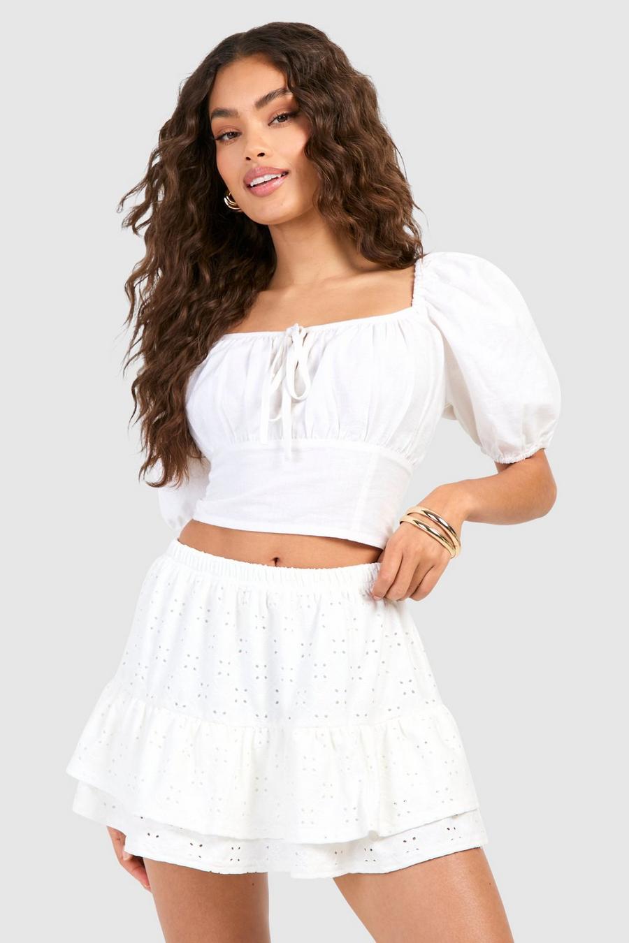 Eylet Lace Low Rise Tiered Frill Mini Skirt  , White