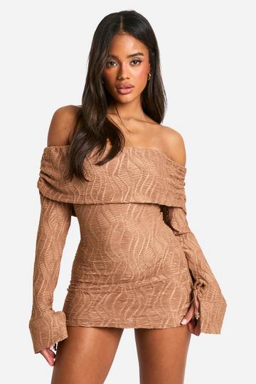 Stone Beige Textured Bardot Cuff Sleeve Mini