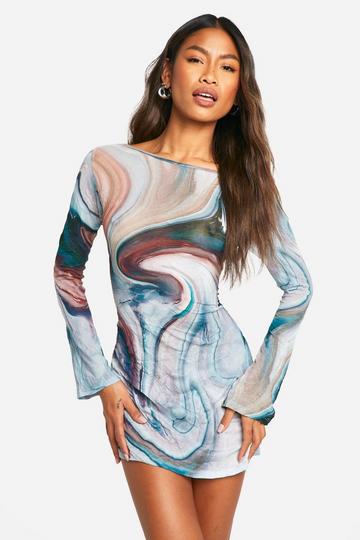 Marble Flare Sleeve Open Back Mini Dress multi