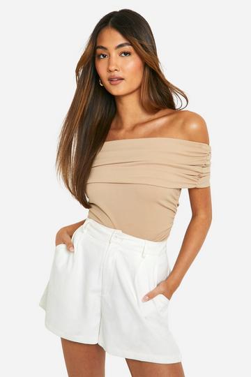 Stone Beige Crepe Bardot Ruched Top