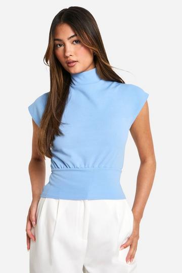 Blue Crepe High Neck Shaped Waist Blouse