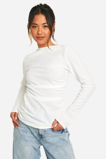 Crepe Slash Neck Ruched Waist Blouse ivory