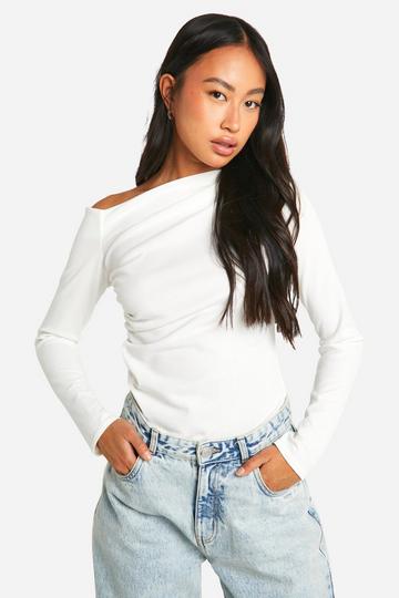 Crepe Slash Neck One Shoulder Blouse ivory