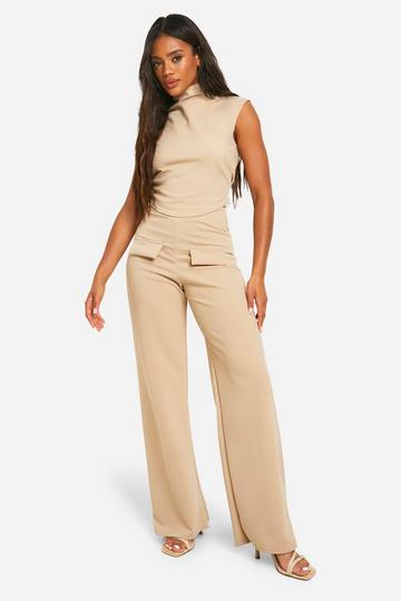 Crepe High Neck Crop & Wide Leg Pants stone