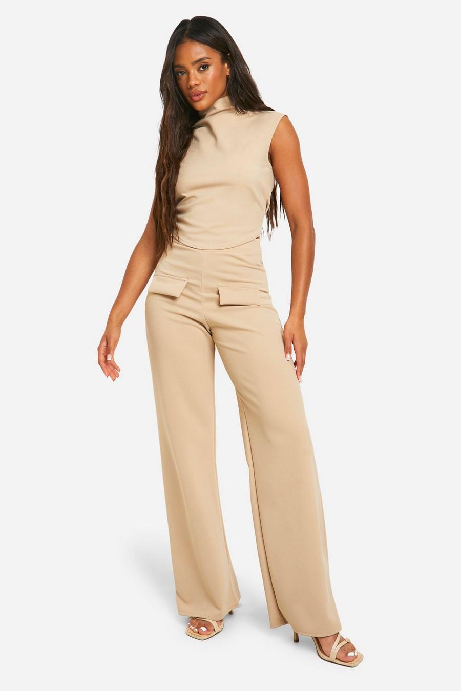 Stone Crepe High Neck Crop & Wide Leg Trousers image number 1