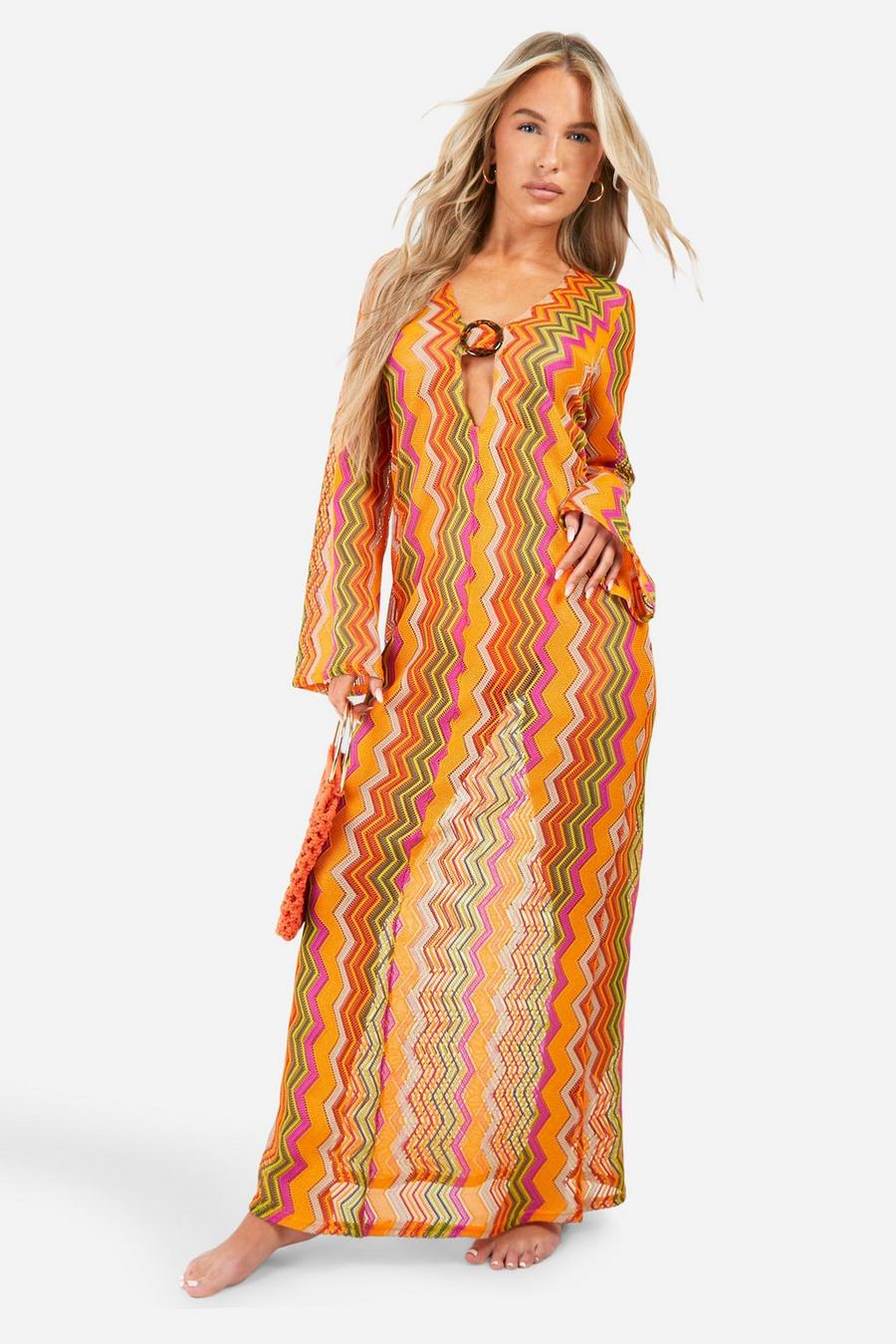 Orange Stripe Knit O-ring Beach Maxi Dress image number 1