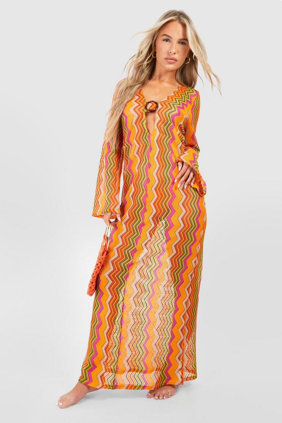 Orange Stripe Knit O-ring Beach Maxi Dress