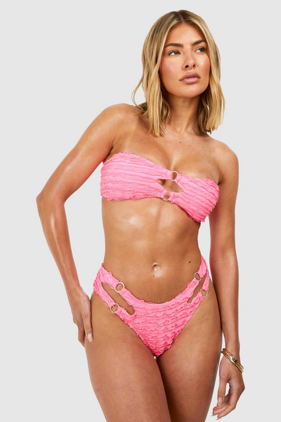 Set bikini a fascia con strass, trama e anelli, Hot pink