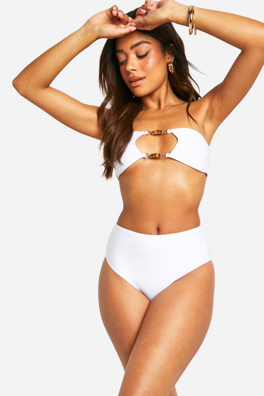 Set bikini a fascia a vita alta con finiture in legno, White image number 1