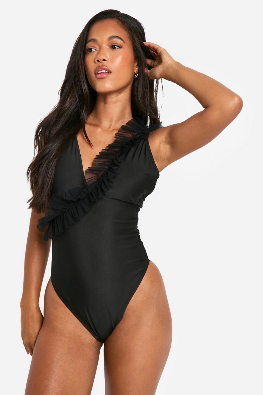 Black Ruffle Detail Strappy Swimsuit image number 1