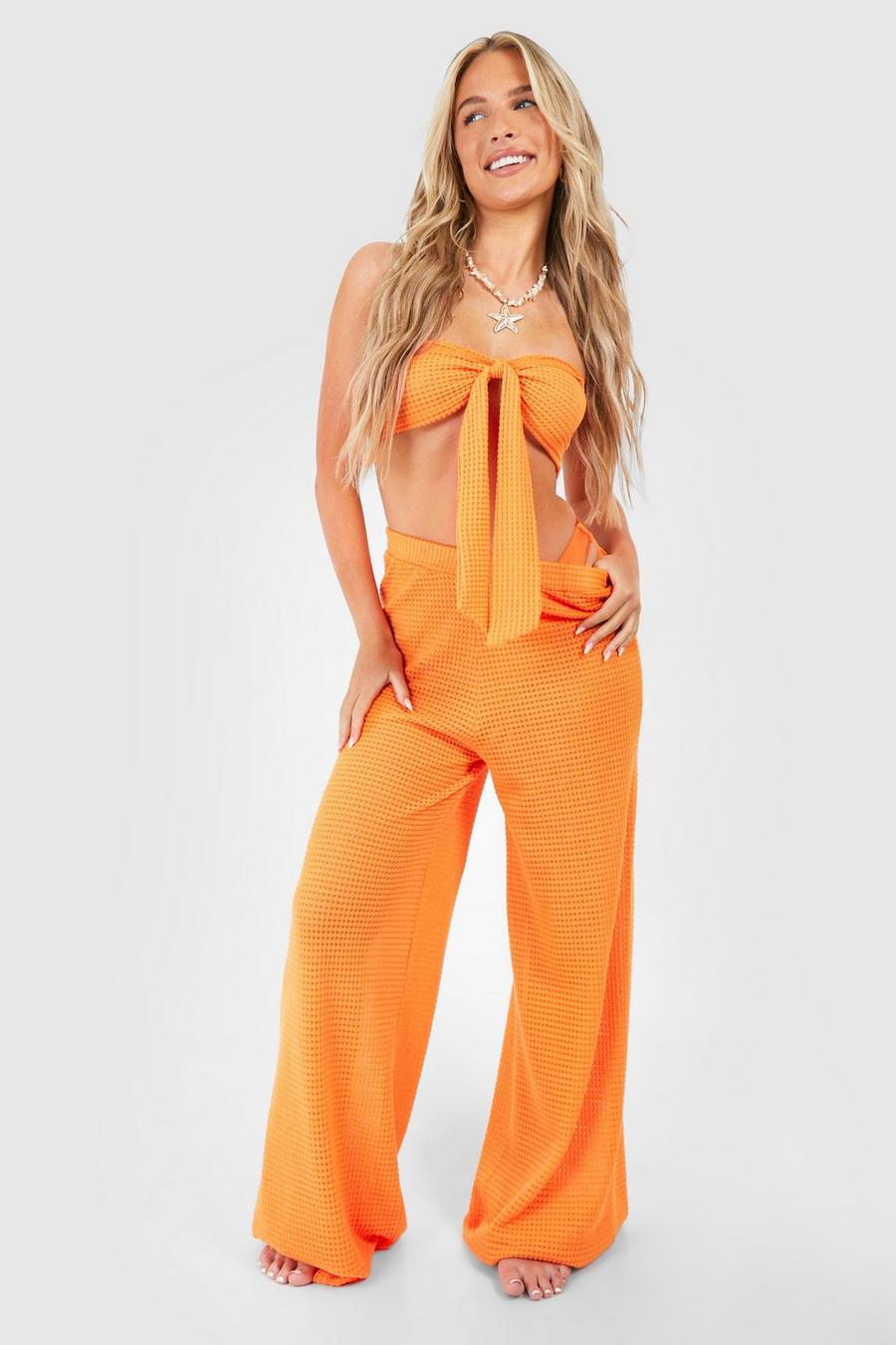 Orange Knitted Bandeau Top & Pants Beach Co-Ord image number 1